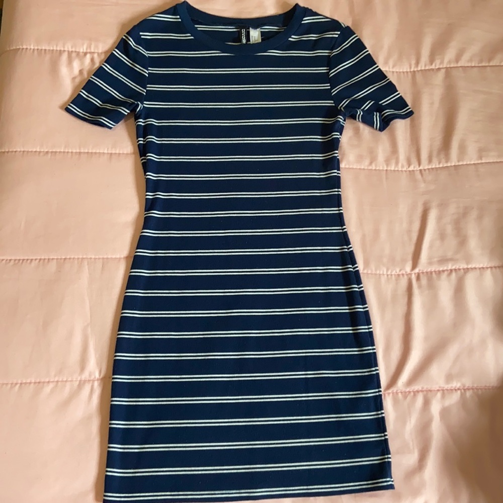 Navy blue striped t-shirt dress.